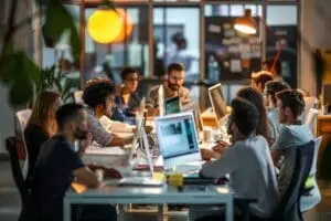 Group of business people and software developers working as a team in office, Generative AI